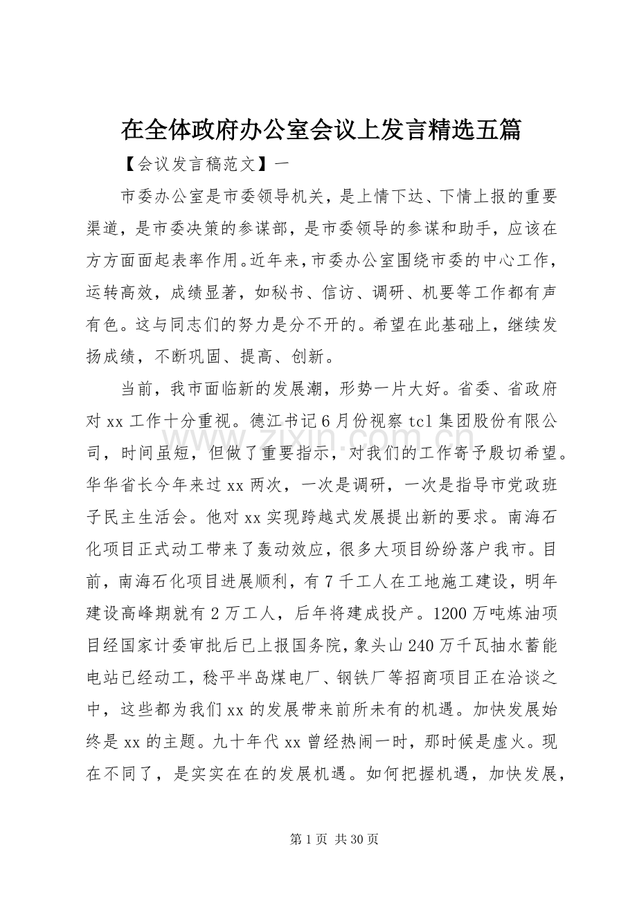 在全体政府办公室会议上发言五篇.docx_第1页