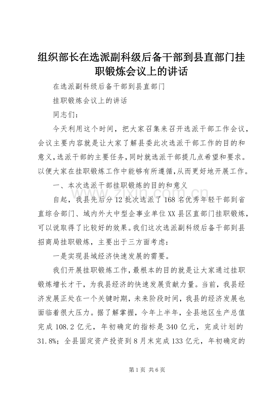 组织部长在选派副科级后备干部到县直部门挂职锻炼会议上的讲话.docx_第1页