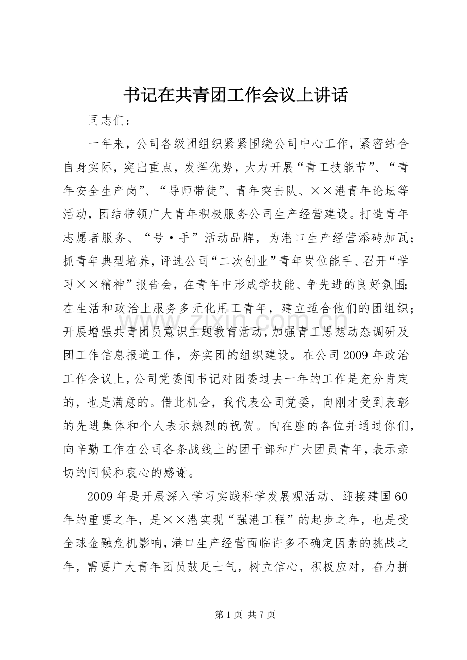 书记在共青团工作会议上讲话.docx_第1页