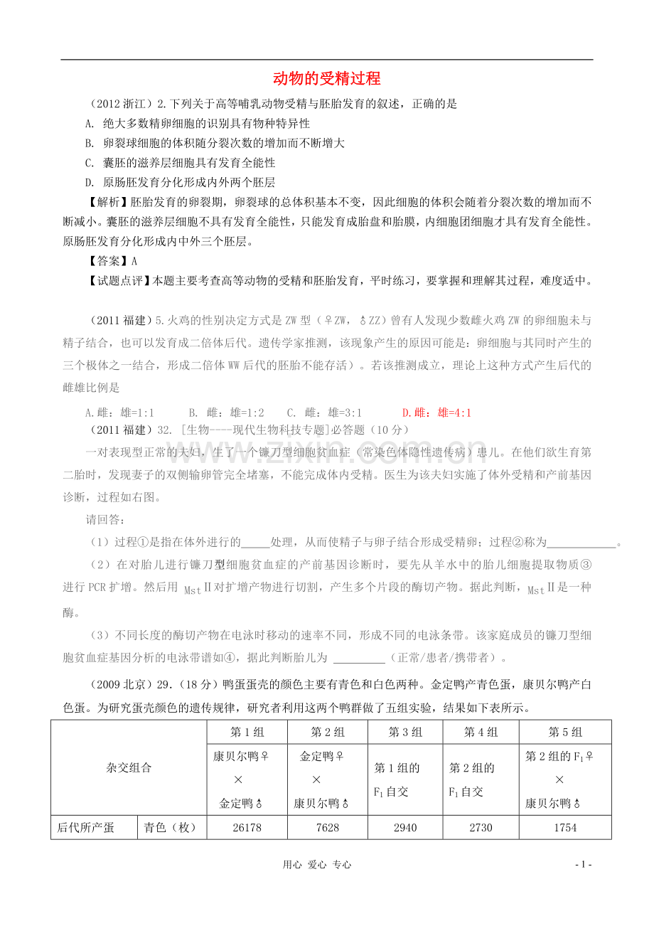 【07-12】6年高考生物真题按知识点分类汇编-动物的受精过程.doc_第1页