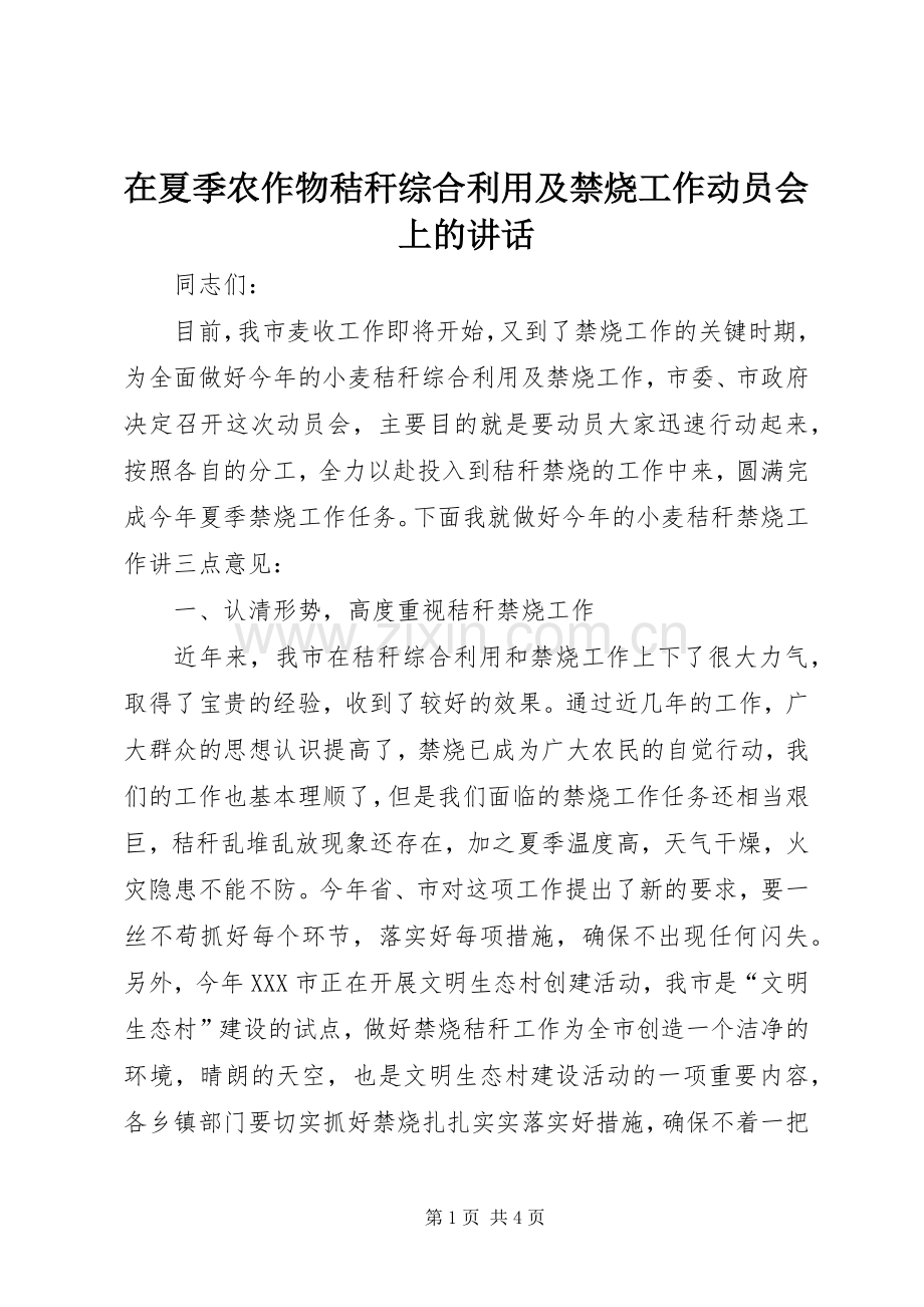 在夏季农作物秸秆综合利用及禁烧工作动员会上的讲话.docx_第1页