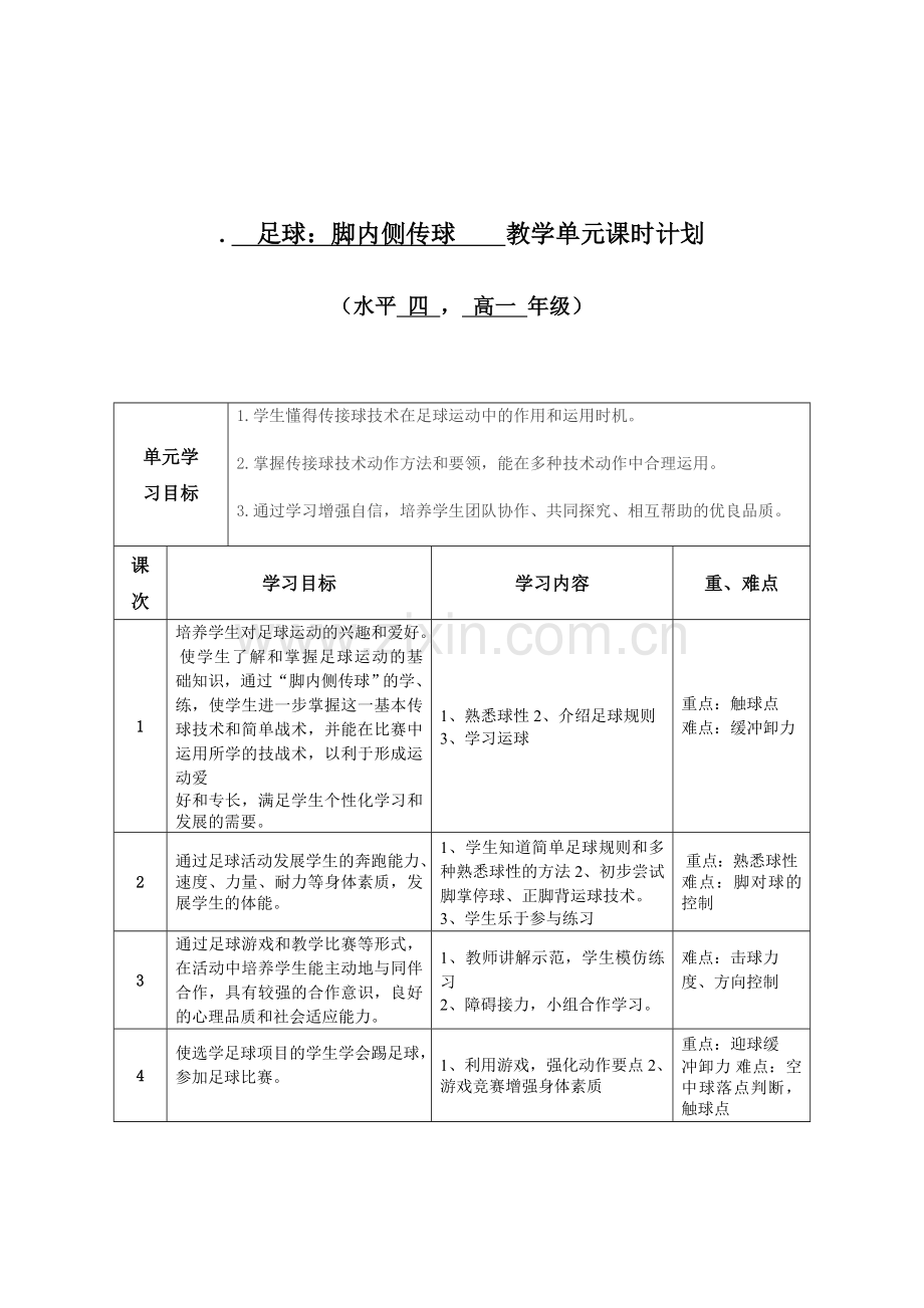 脚内侧传球教学单元课时计划.doc_第1页