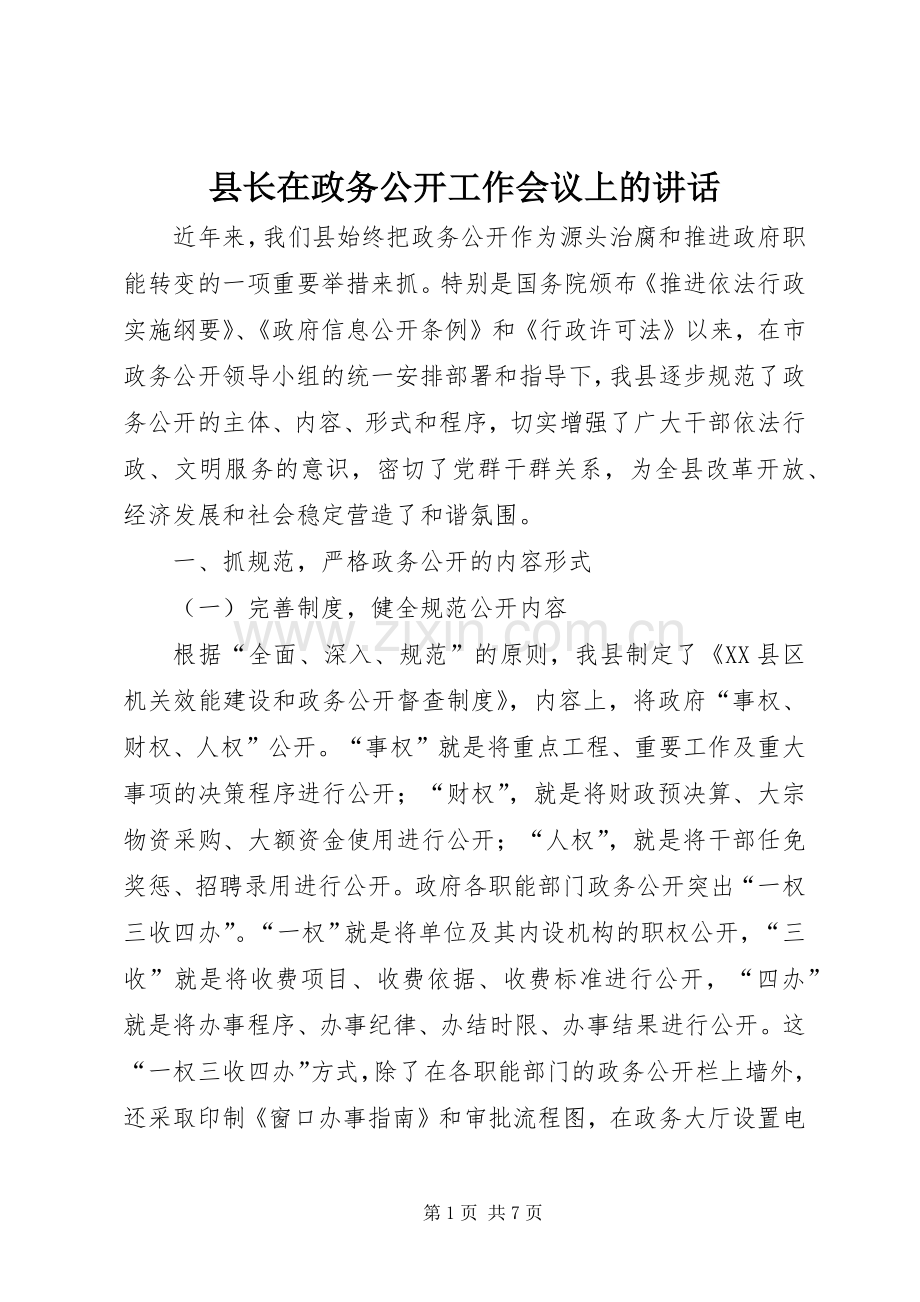 县长在政务公开工作会议上的讲话.docx_第1页