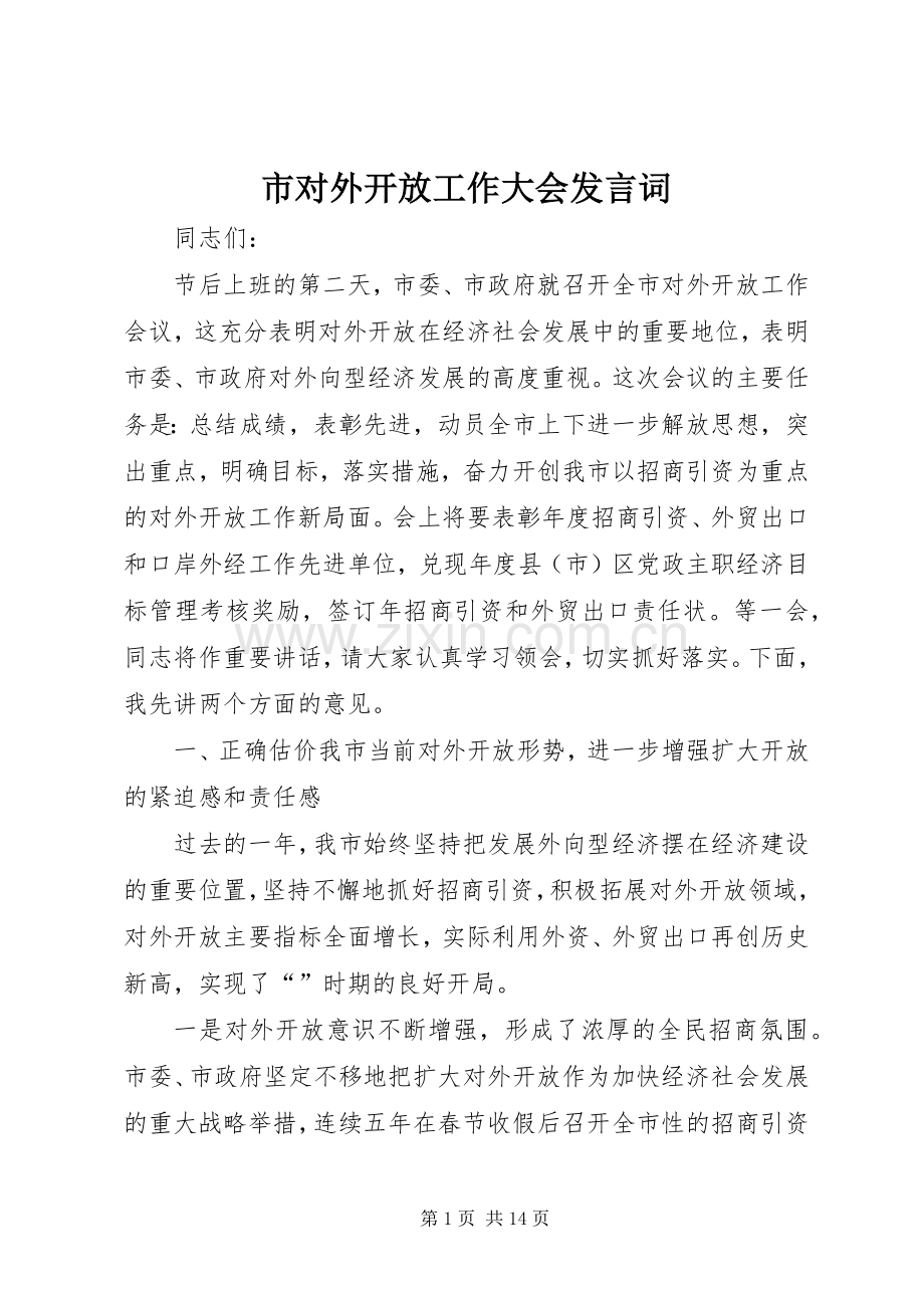 市对外开放工作大会发言词.docx_第1页