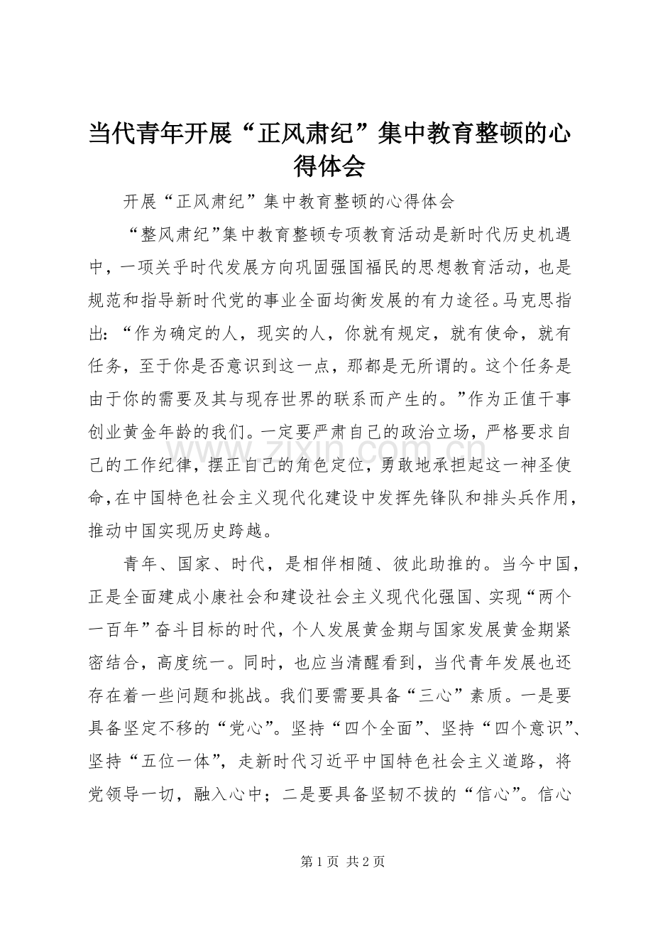 当代青年开展“正风肃纪”集中教育整顿的心得体会.docx_第1页