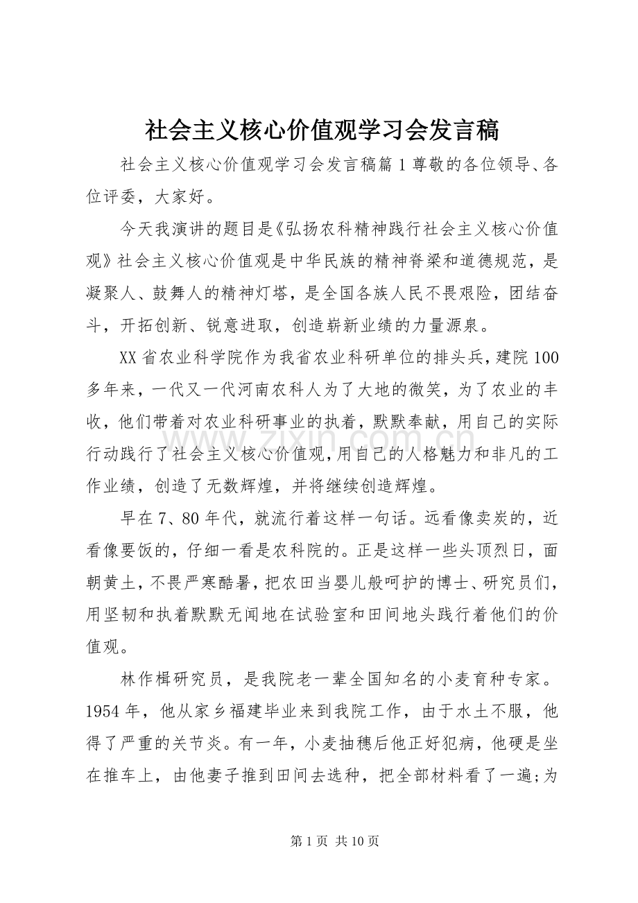 社会主义核心价值观学习会发言稿.docx_第1页