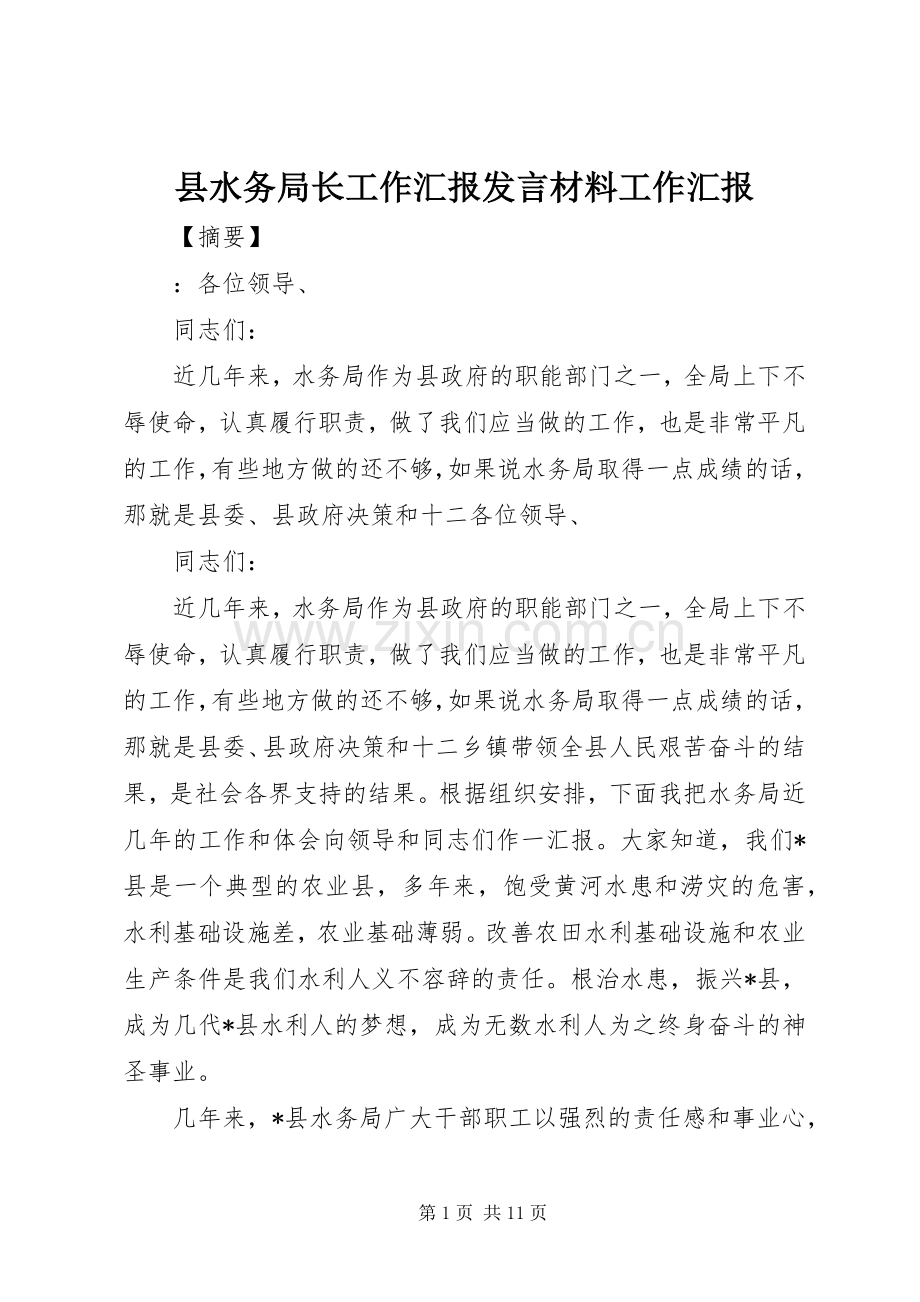 县水务局长工作汇报发言材料工作汇报.docx_第1页