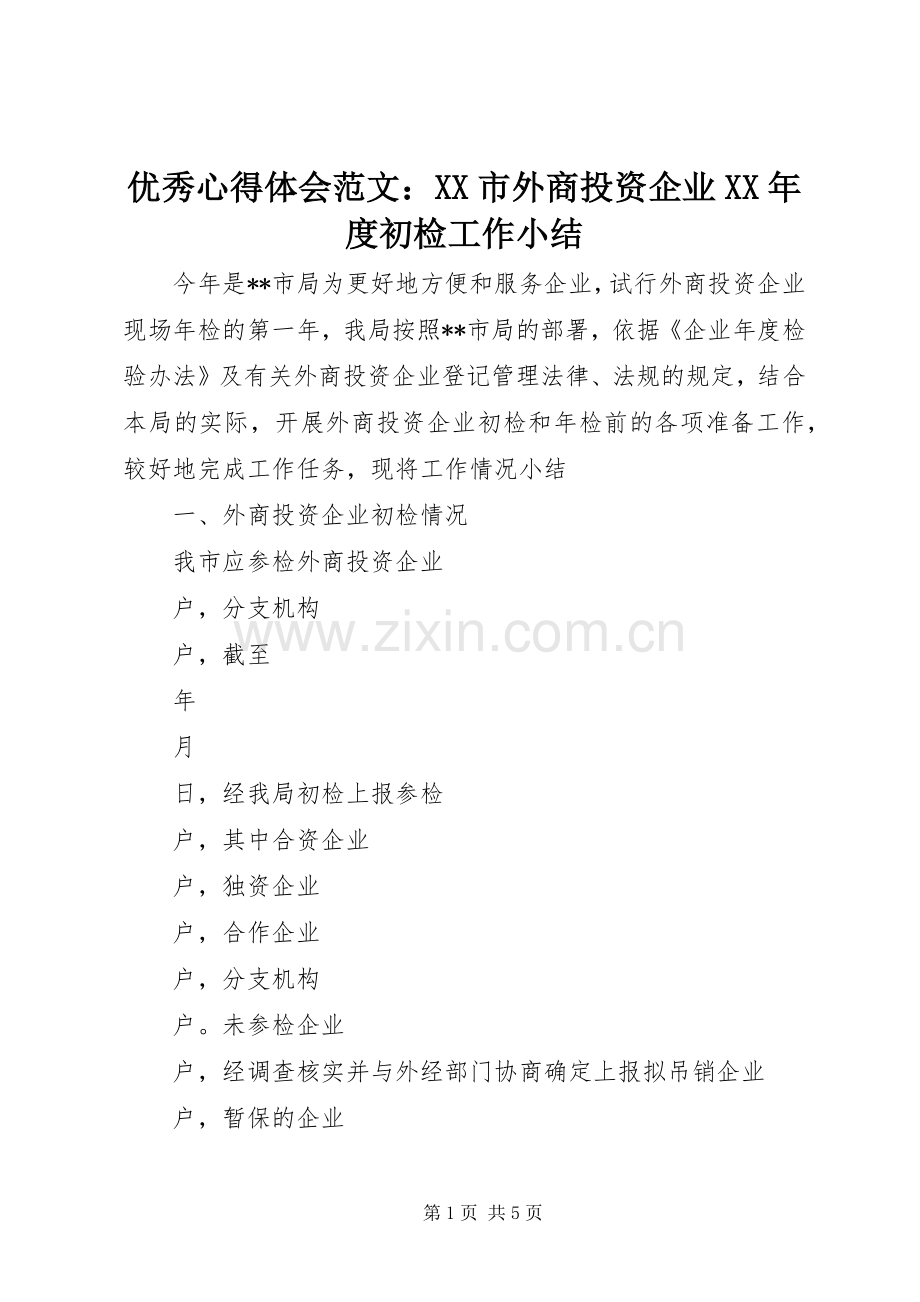 优秀心得体会范文：XX市外商投资企业XX年度初检工作小结.docx_第1页