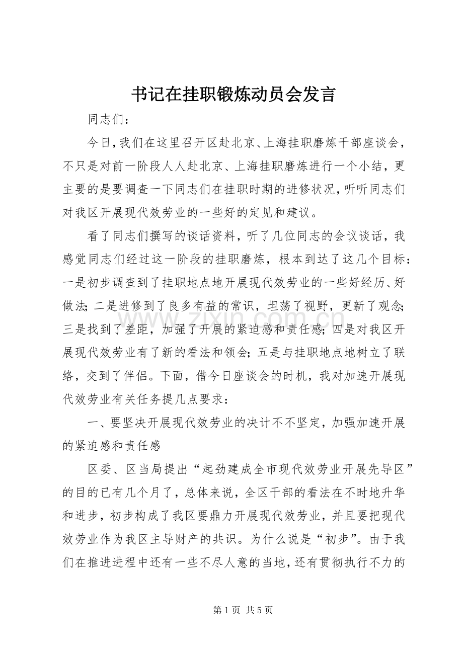 书记在挂职锻炼动员会发言.docx_第1页