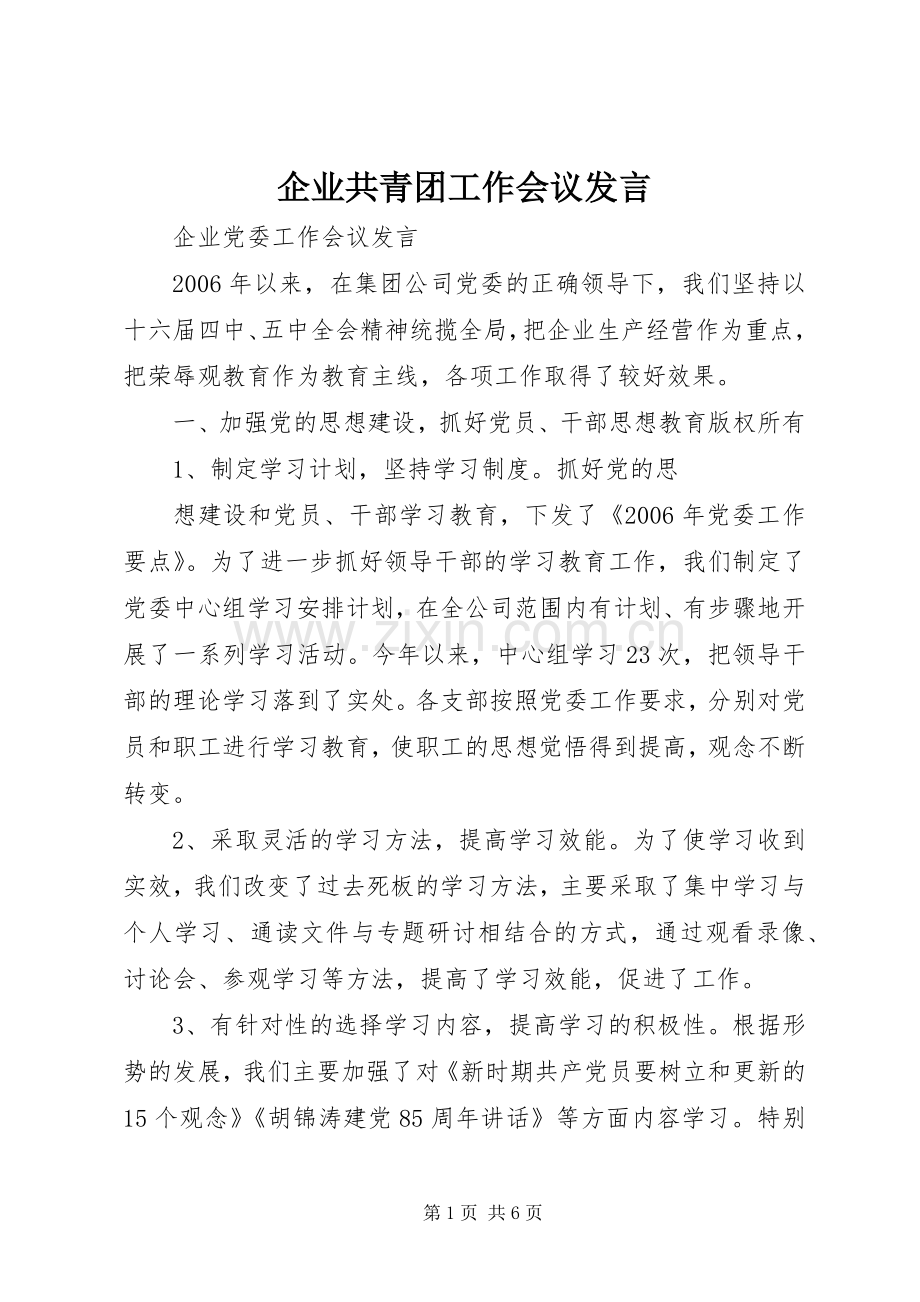 企业共青团工作会议发言.docx_第1页