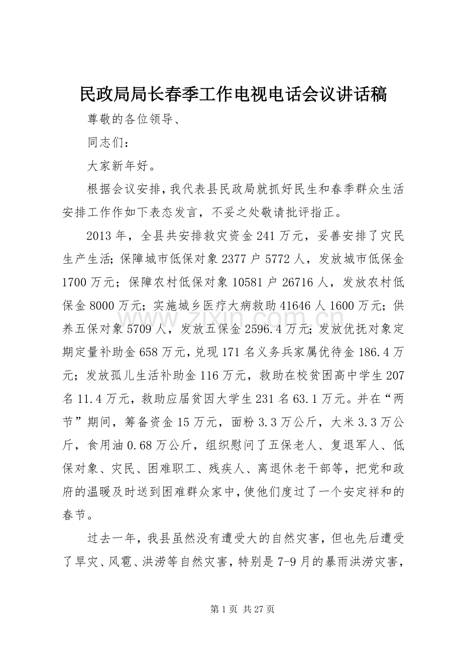 民政局局长春季工作电视电话会议讲话稿.docx_第1页