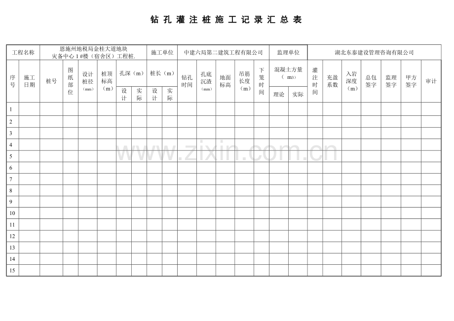 钻孔灌注桩施工纪录汇总表.docx_第1页