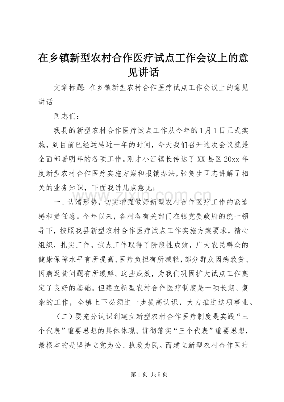 在乡镇新型农村合作医疗试点工作会议上的意见讲话.docx_第1页