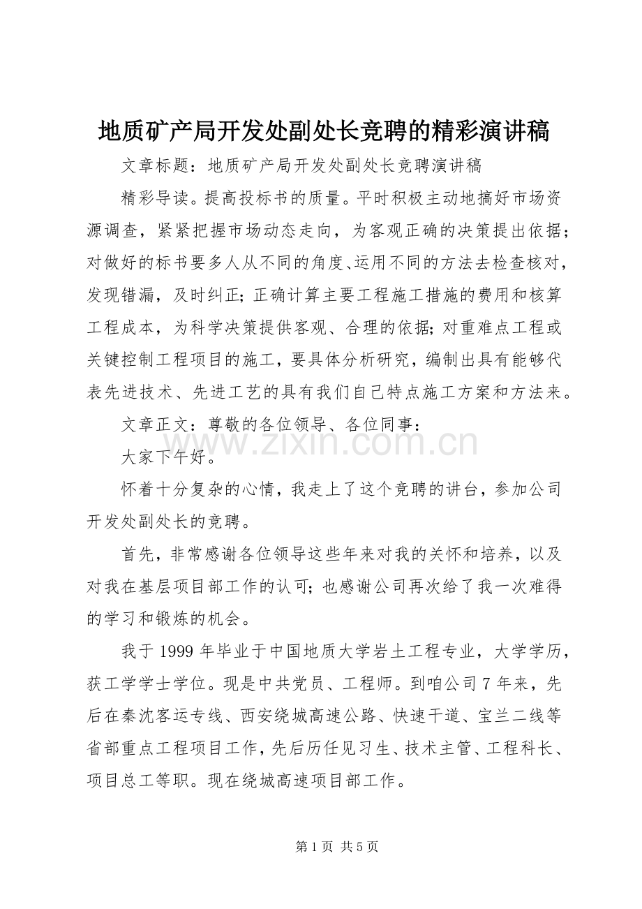 地质矿产局开发处副处长竞聘的精彩演讲稿.docx_第1页