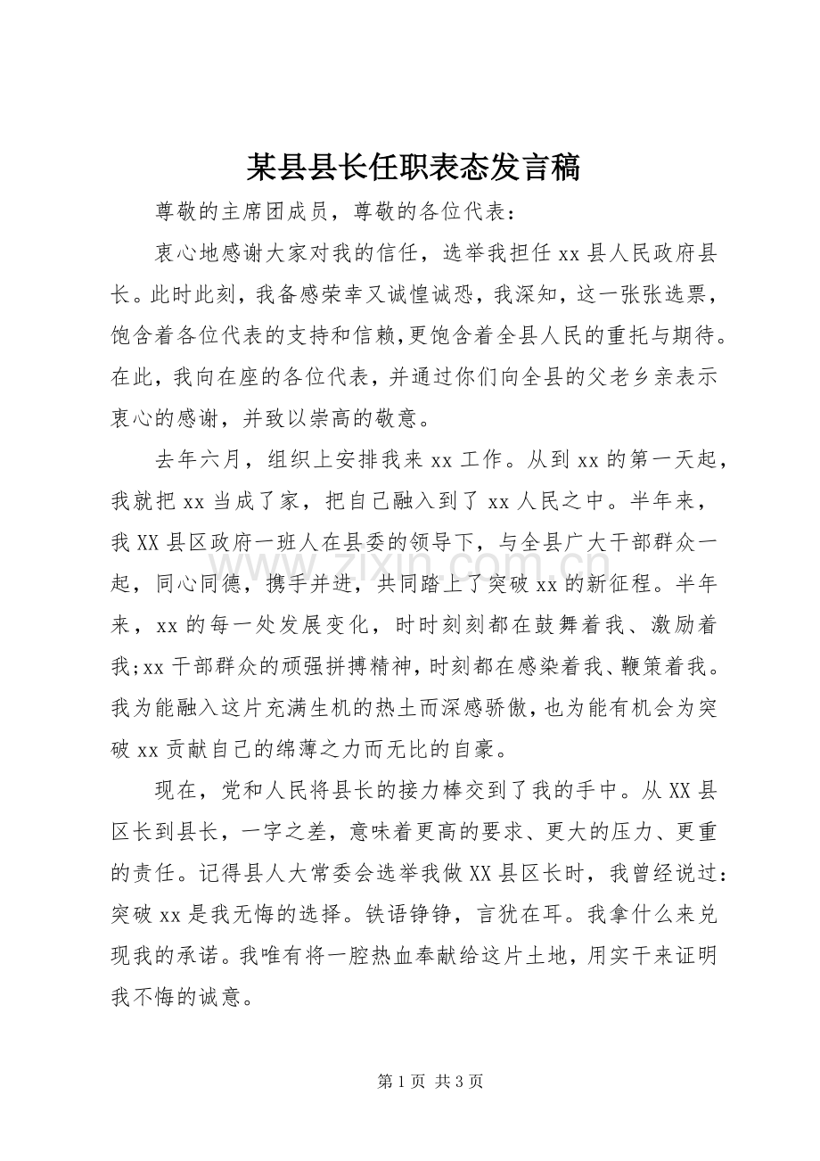 某县县长任职表态发言稿.docx_第1页