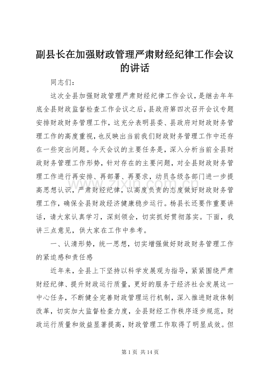 副县长在加强财政管理严肃财经纪律工作会议的讲话.docx_第1页