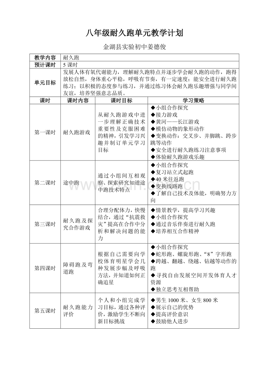 耐久跑单元教学计划教案.doc_第1页