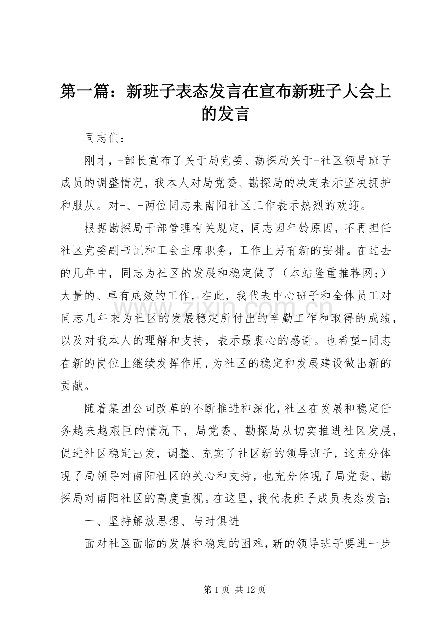 第一篇：新班子表态发言在宣布新班子大会上的发言.docx_第1页