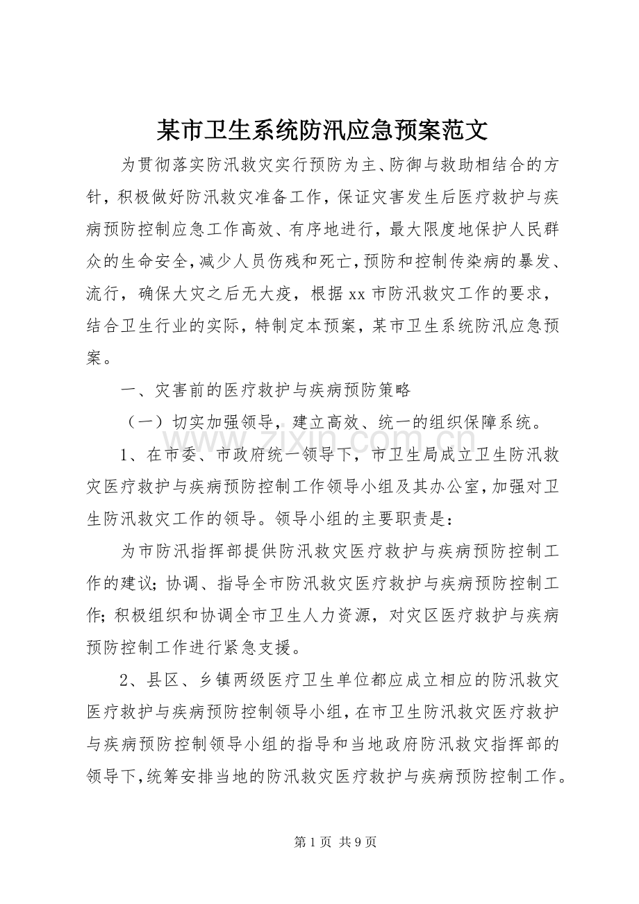 某市卫生系统防汛应急处理预案范文.docx_第1页