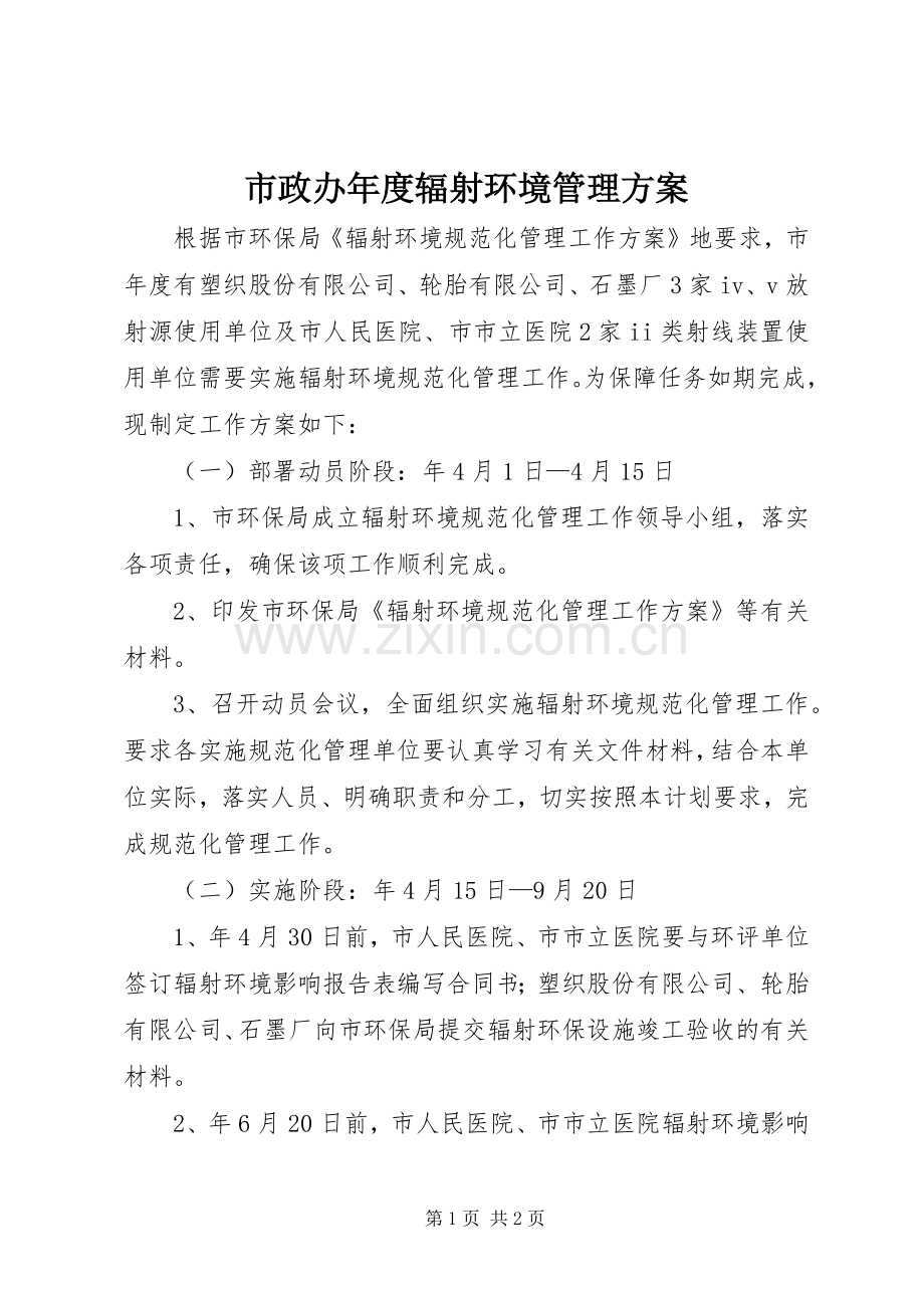 市政办年度辐射环境管理实施方案.docx_第1页