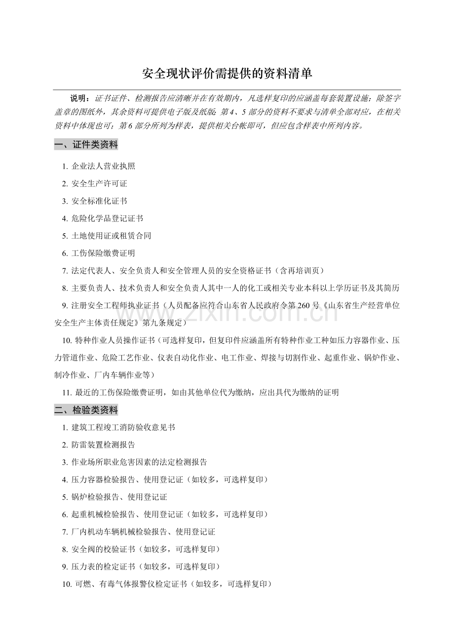 安全现状评价需提供的资料清单(1).doc_第1页