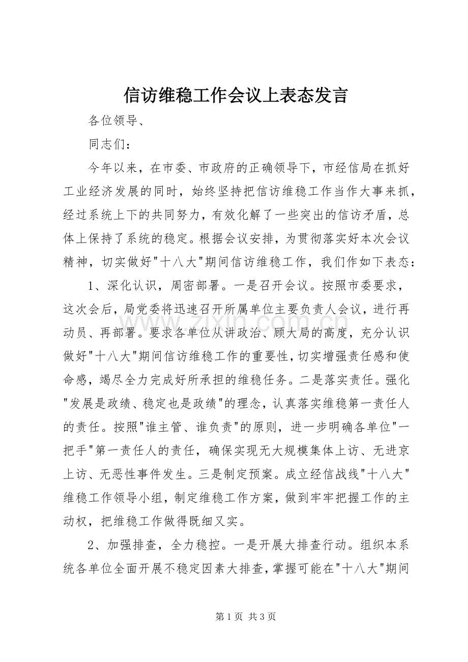 信访维稳工作会议上表态发言.docx_第1页