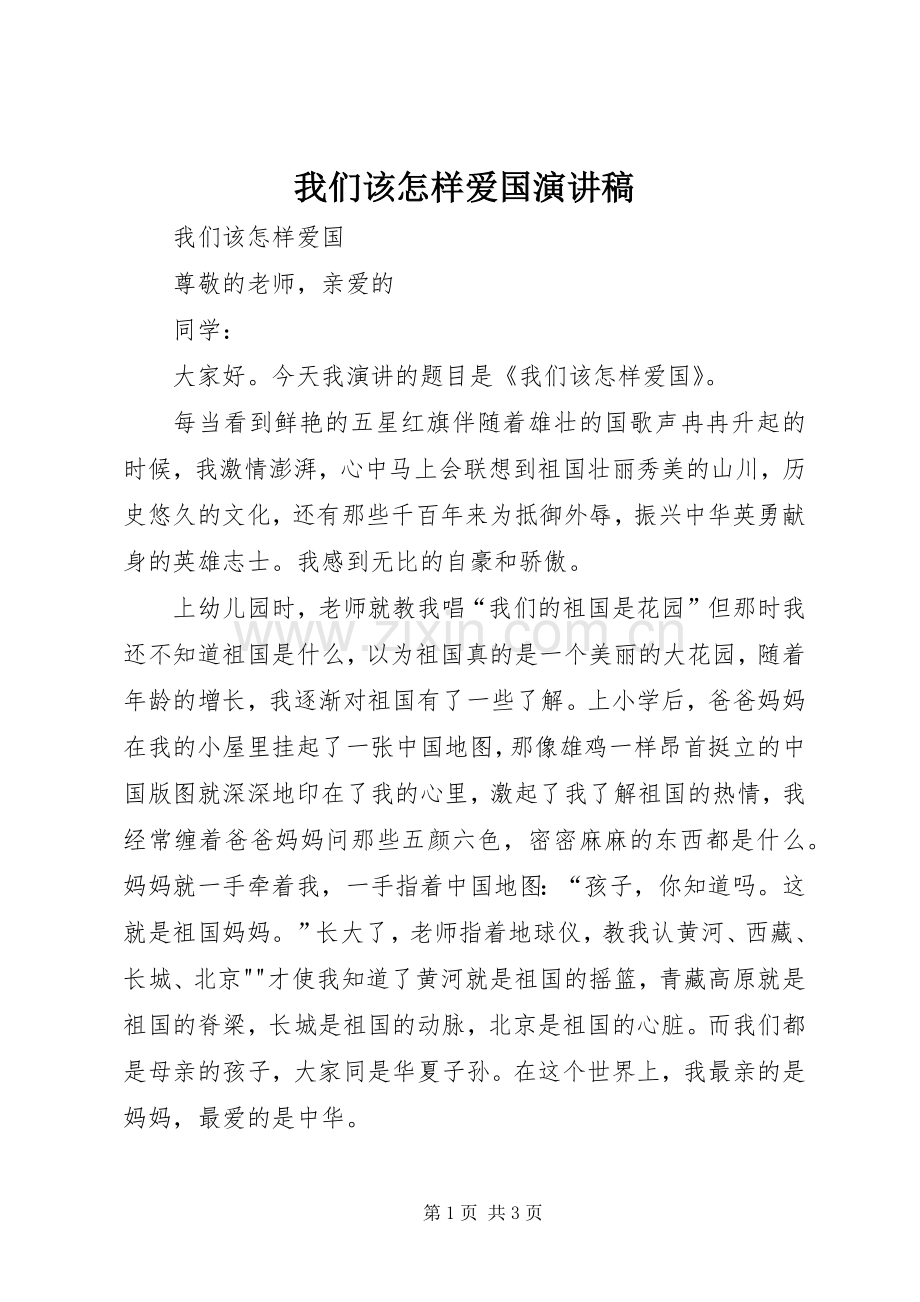 我们该怎样爱国演讲稿.docx_第1页