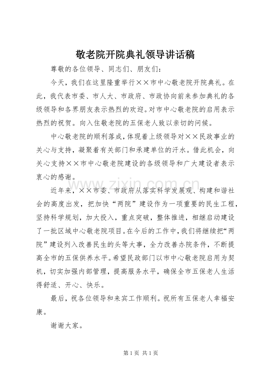 敬老院开院典礼领导讲话稿.docx_第1页