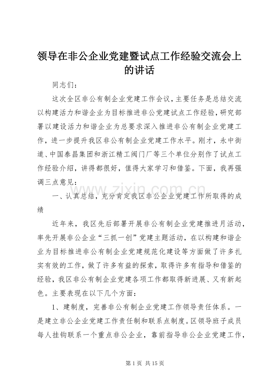 领导在非公企业党建暨试点工作经验交流会上的讲话.docx_第1页