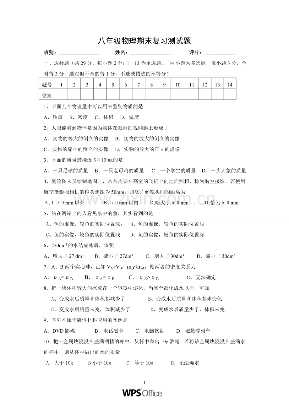 八年级物理期末复习测试题.doc_第1页