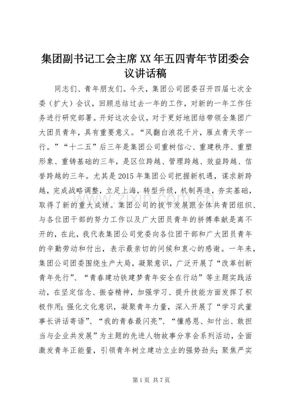 集团副书记工会主席XX年五四青年节团委会议讲话稿.docx_第1页