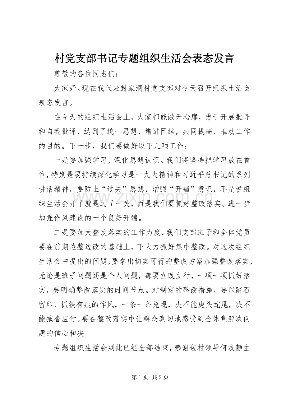 村党支部书记专题组织生活会表态发言.docx_第1页