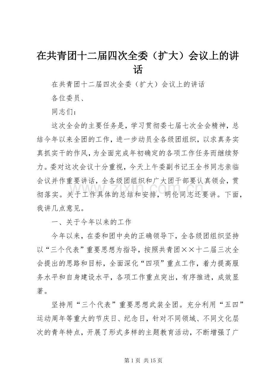 在共青团十二届四次全委（扩大）会议上的讲话.docx_第1页