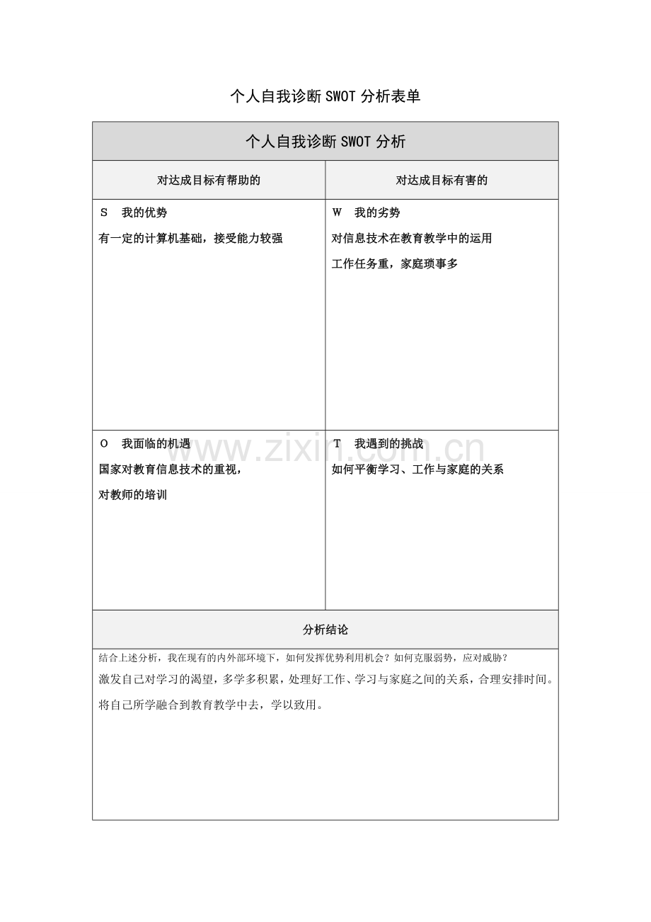 第一步骤：个人自我诊断SWOT分析表.doc_第1页