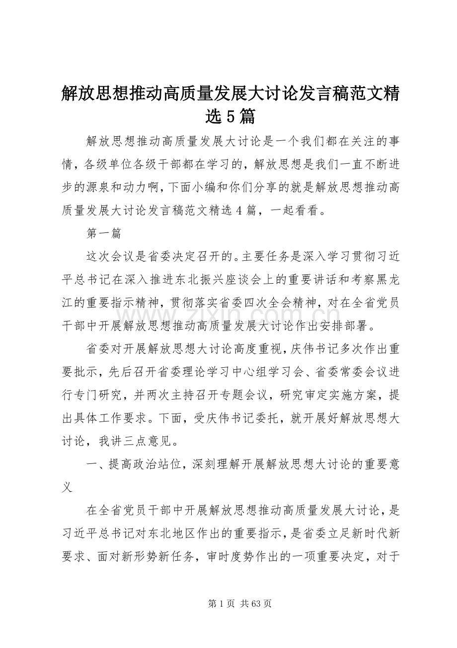 解放思想推动高质量发展大讨论发言稿范文5篇.docx_第1页