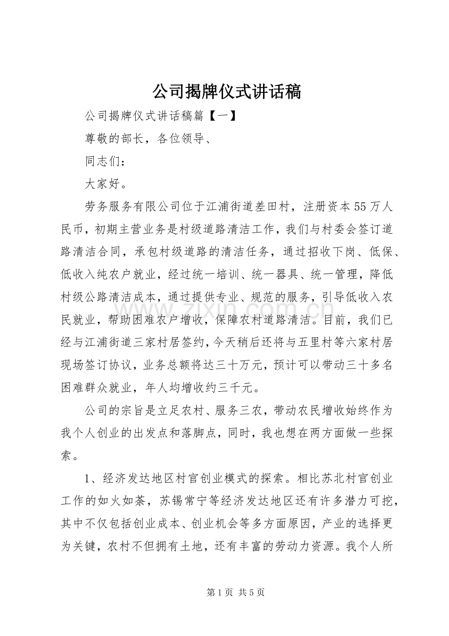 公司揭牌仪式讲话稿.docx_第1页