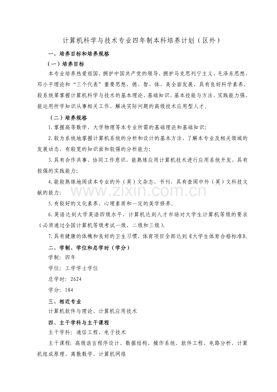 计算机科学与技术专业四年制本科培养计划.doc_第1页