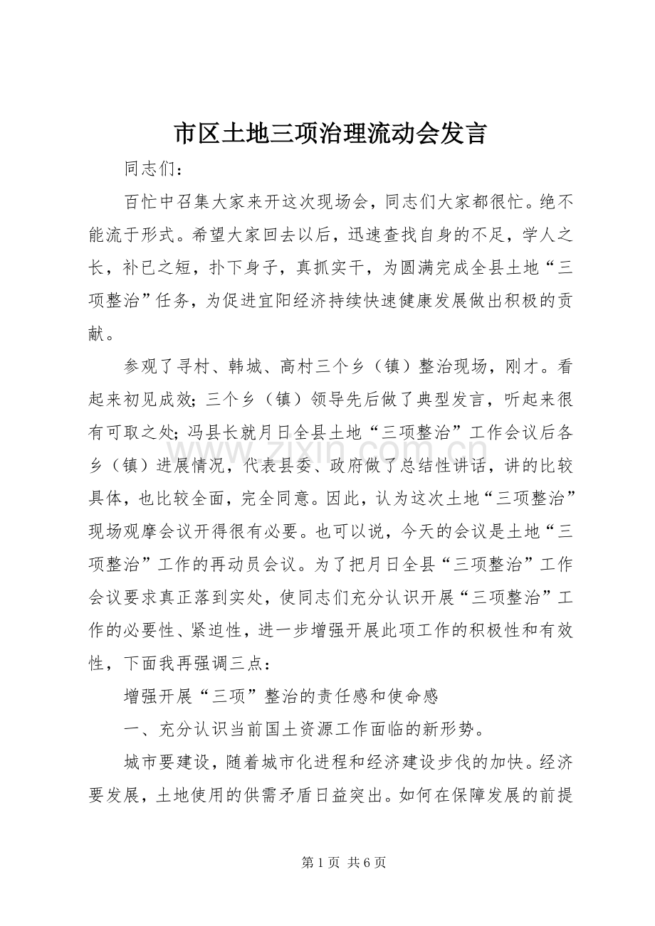 市区土地三项治理流动会发言.docx_第1页