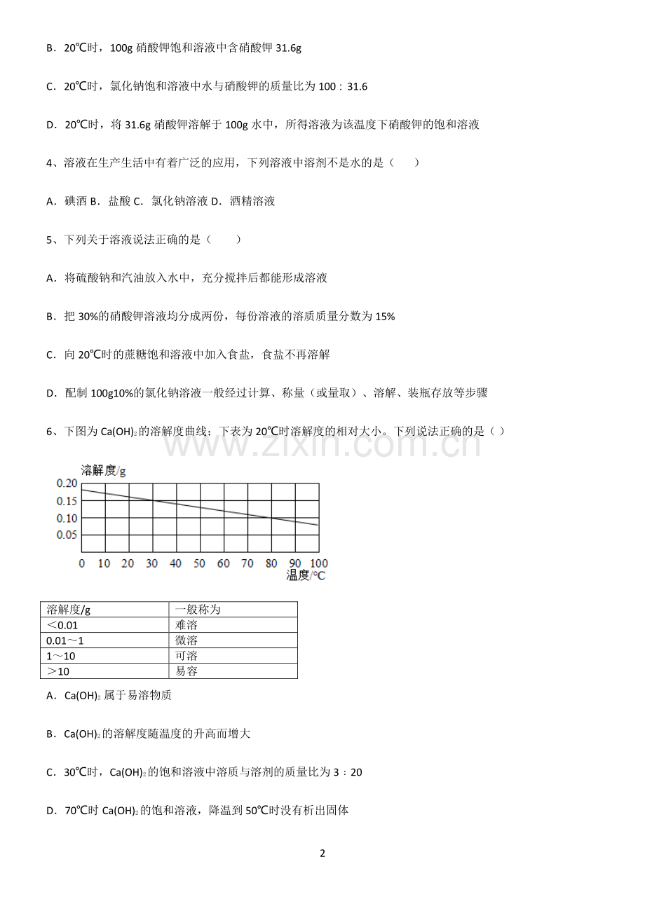 (文末附答案)2022届初中化学溶液考点精题训练.pdf_第2页