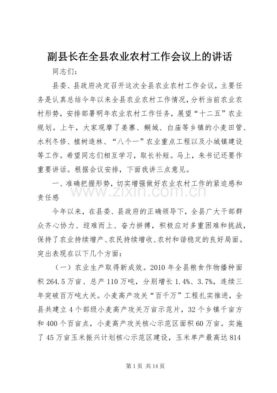 副县长在全县农业农村工作会议上的讲话.docx_第1页