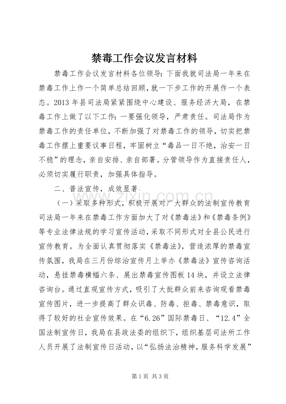 禁毒工作会议发言材料.docx_第1页