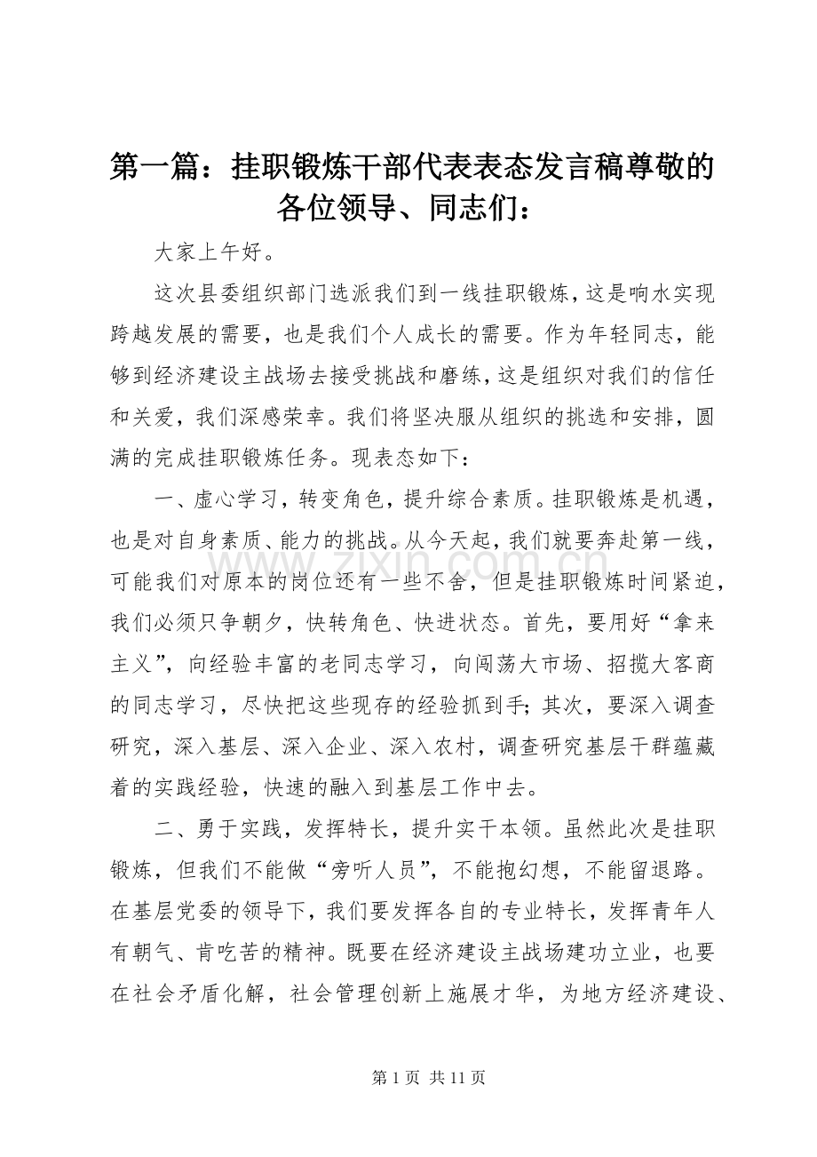 第一篇：挂职锻炼干部代表表态发言稿尊敬的各位领导、同志们：.docx_第1页