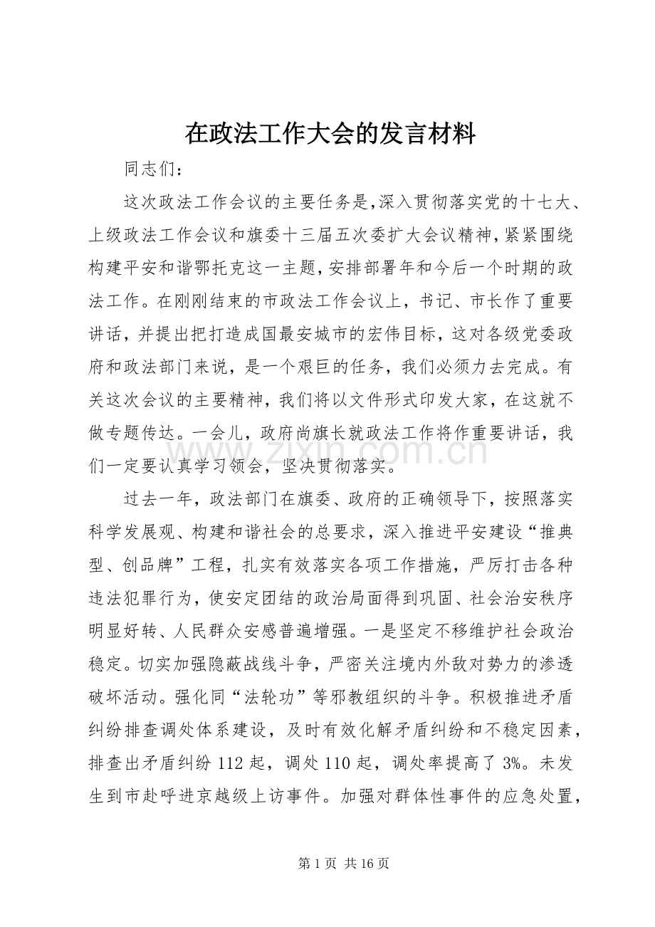 在政法工作大会的发言材料.docx_第1页