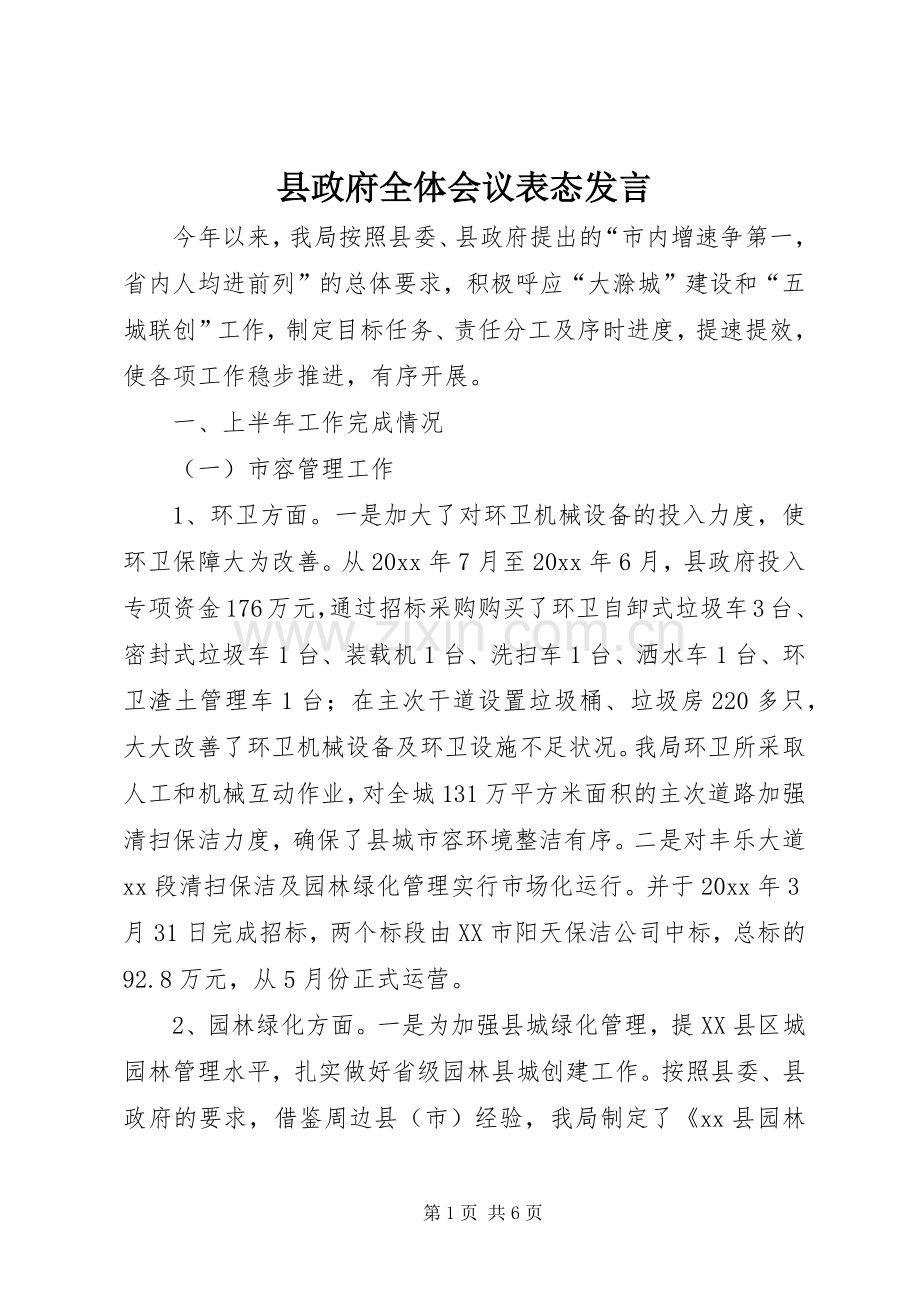 县政府全体会议表态发言.docx_第1页