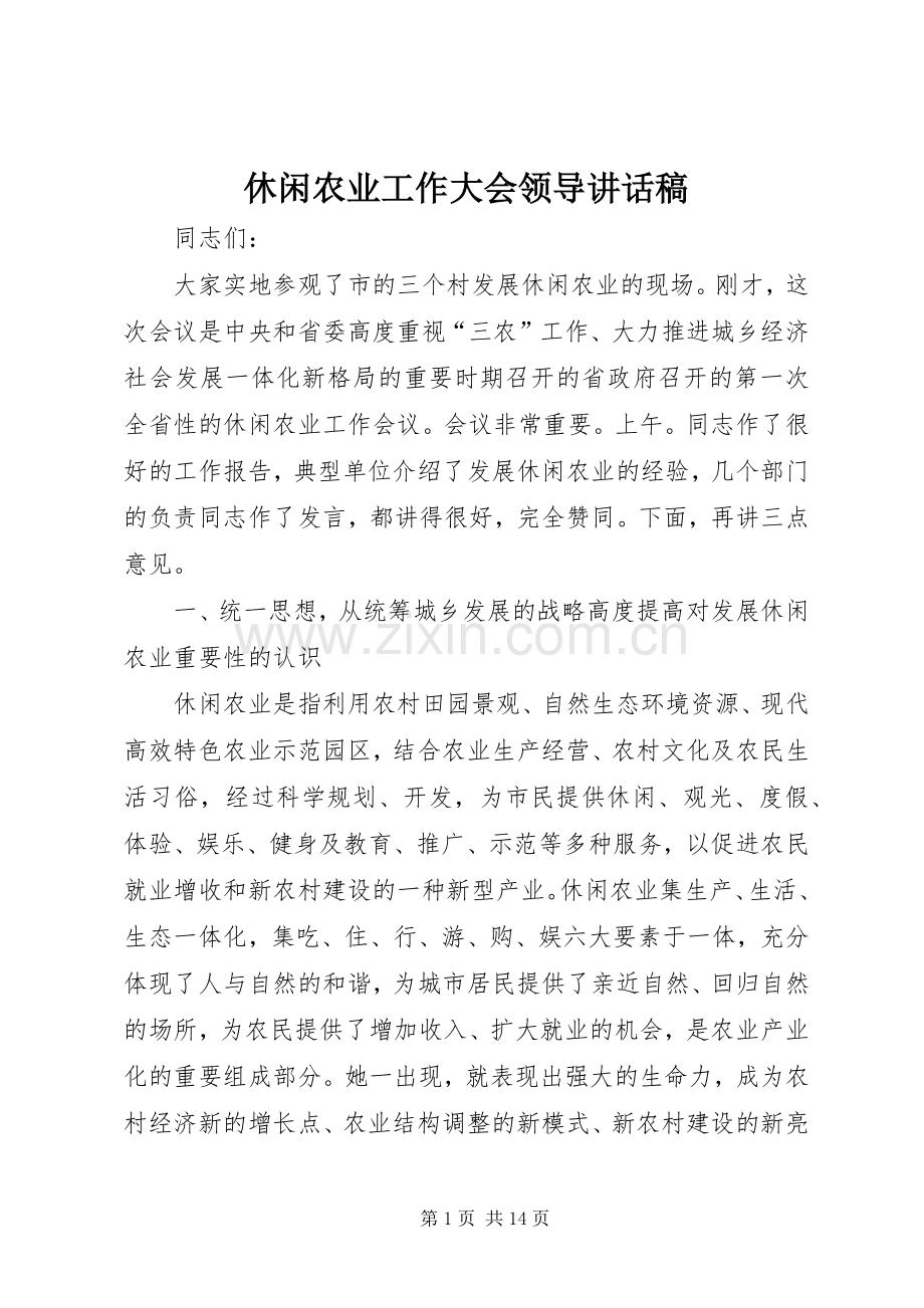 休闲农业工作大会领导讲话稿.docx_第1页