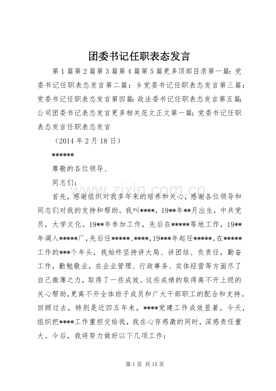 团委书记任职表态发言.docx_第1页