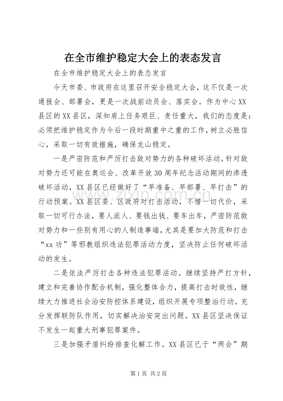 在全市维护稳定大会上的表态发言.docx_第1页