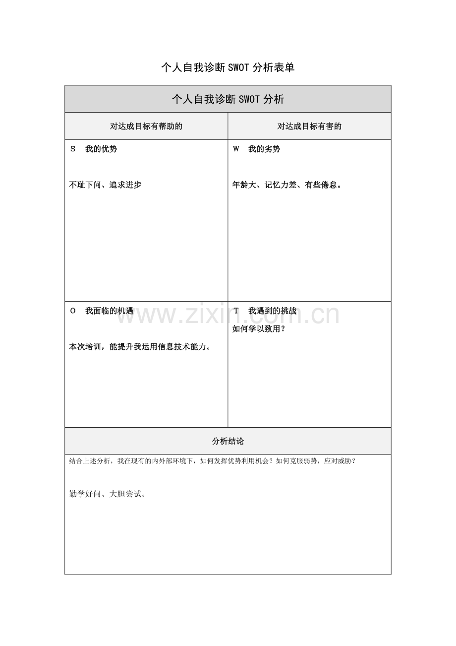 第一步骤所需文档：个人自我诊断SWOT分析表[1].doc_第1页