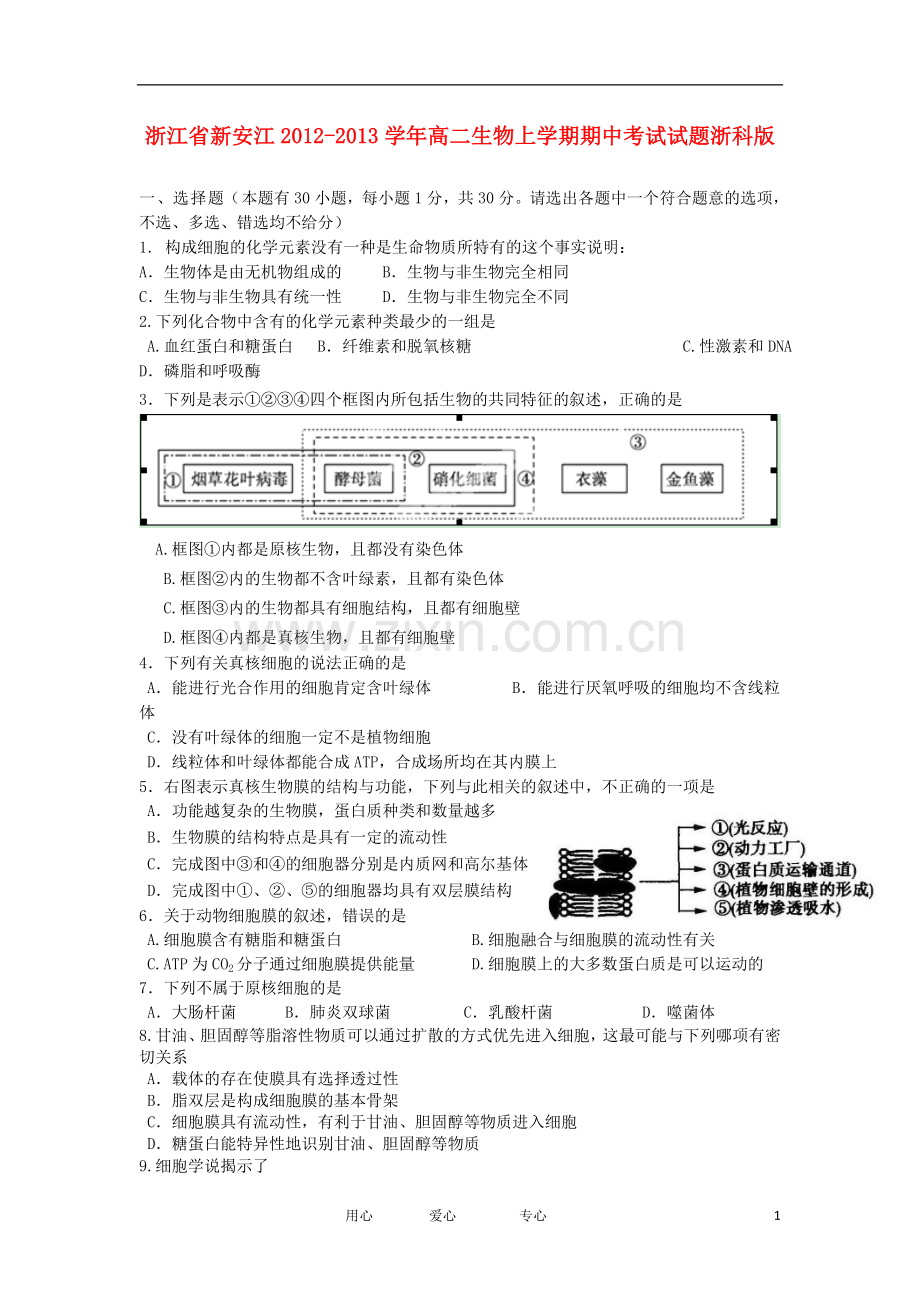 浙江省新安江2012-2013学年高二生物上学期期中考试试题浙科版.doc_第1页