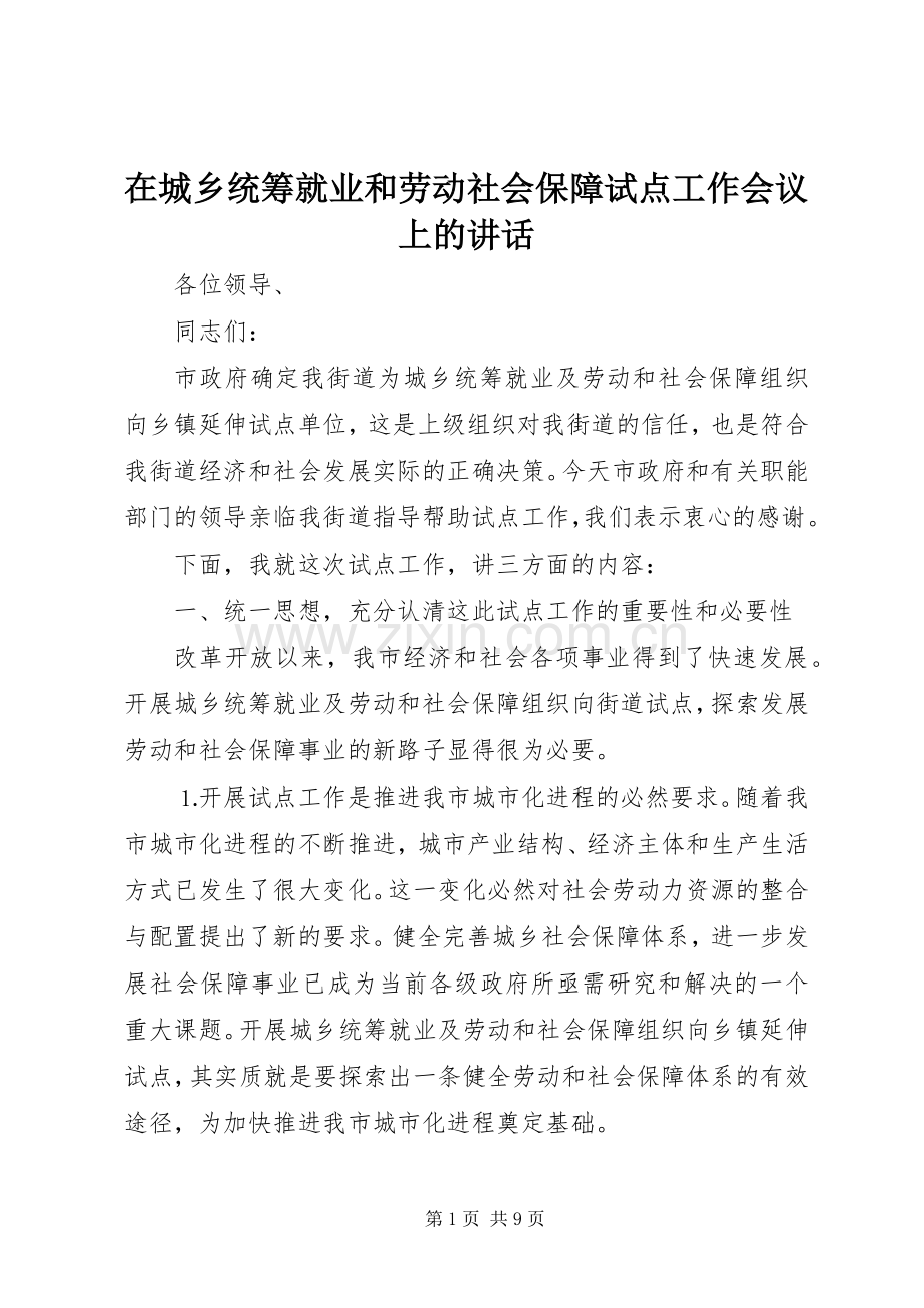 在城乡统筹就业和劳动社会保障试点工作会议上的讲话.docx_第1页